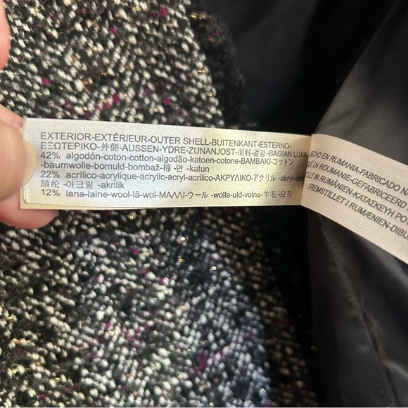 Massimo Dutti Cropped Boucle Tweed Blazer Black White Purple Size 2 - Picture 8 of 15